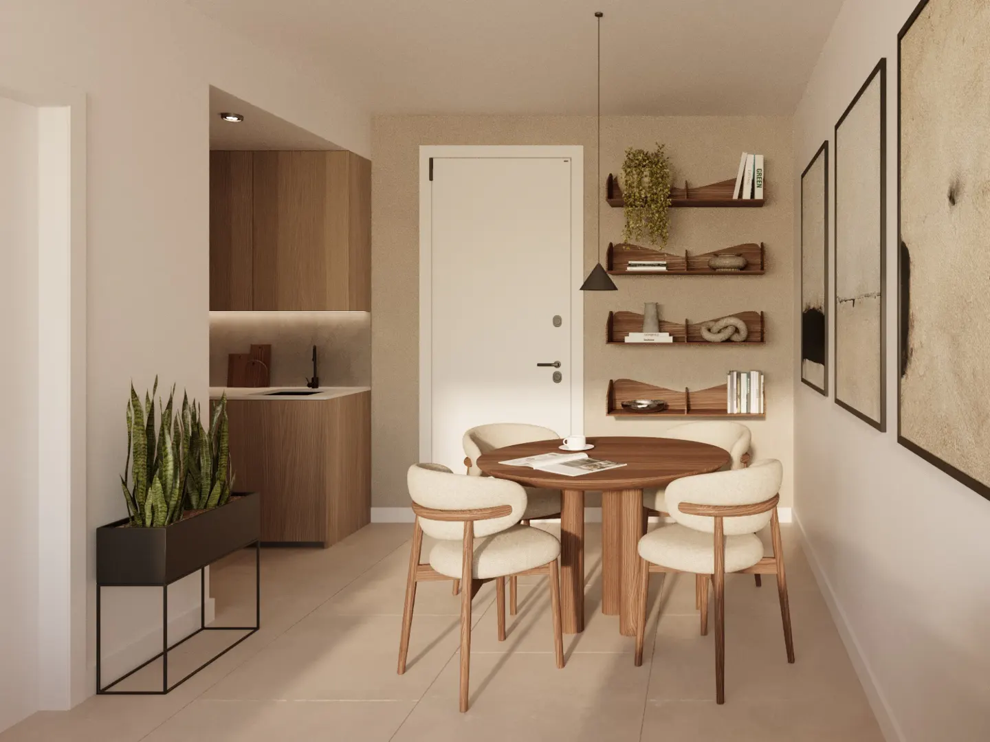 A dining area with a round wooden table and four chairs, shelves with decor, and framed art on the wall.