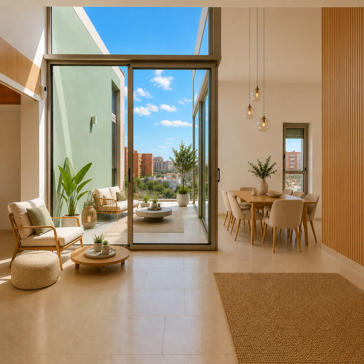 Modern living room with floor-to-ceiling glass doors opening to a patio, dining area, and views of a city skyline.