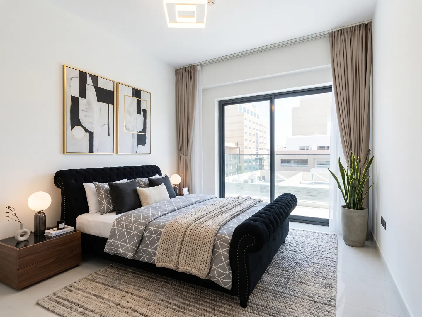 A modern bedroom with a black tufted bed, geometric bedding, and abstract art. A large window offers a city view.