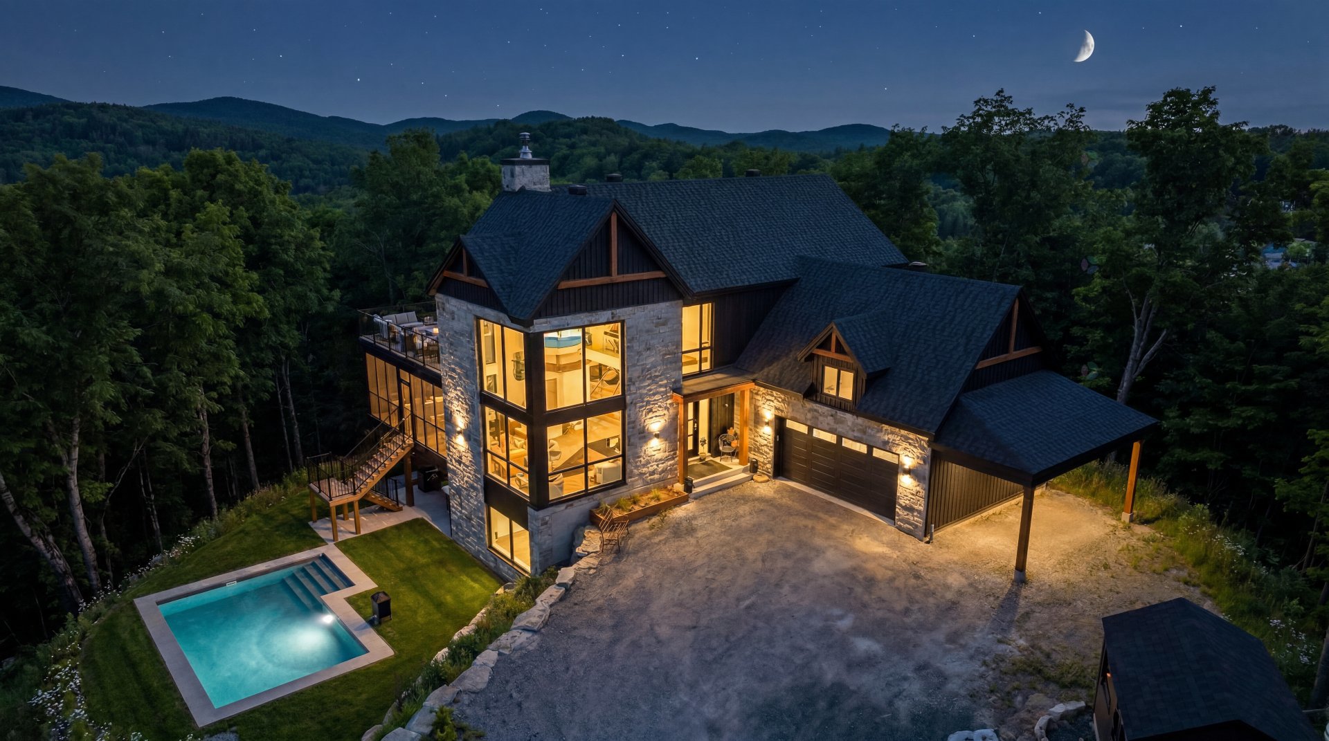 Night view of a stone house with a pool, surrounded by trees and mountains under a starry sky with a crescent moon.