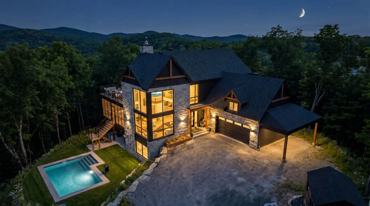 Night view of a stone house with a pool, surrounded by trees and mountains under a starry sky with a crescent moon.