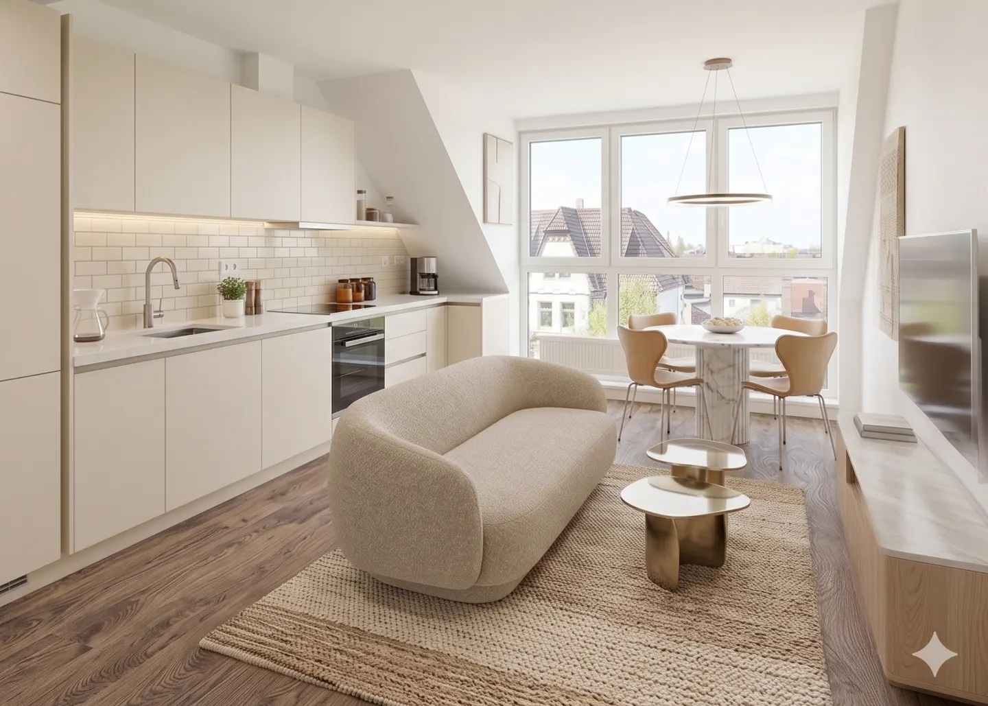 Bright, modern apartment interior with a beige sofa, round dining table, and white kitchen cabinets. A jute rug adds texture to the wooden floor.