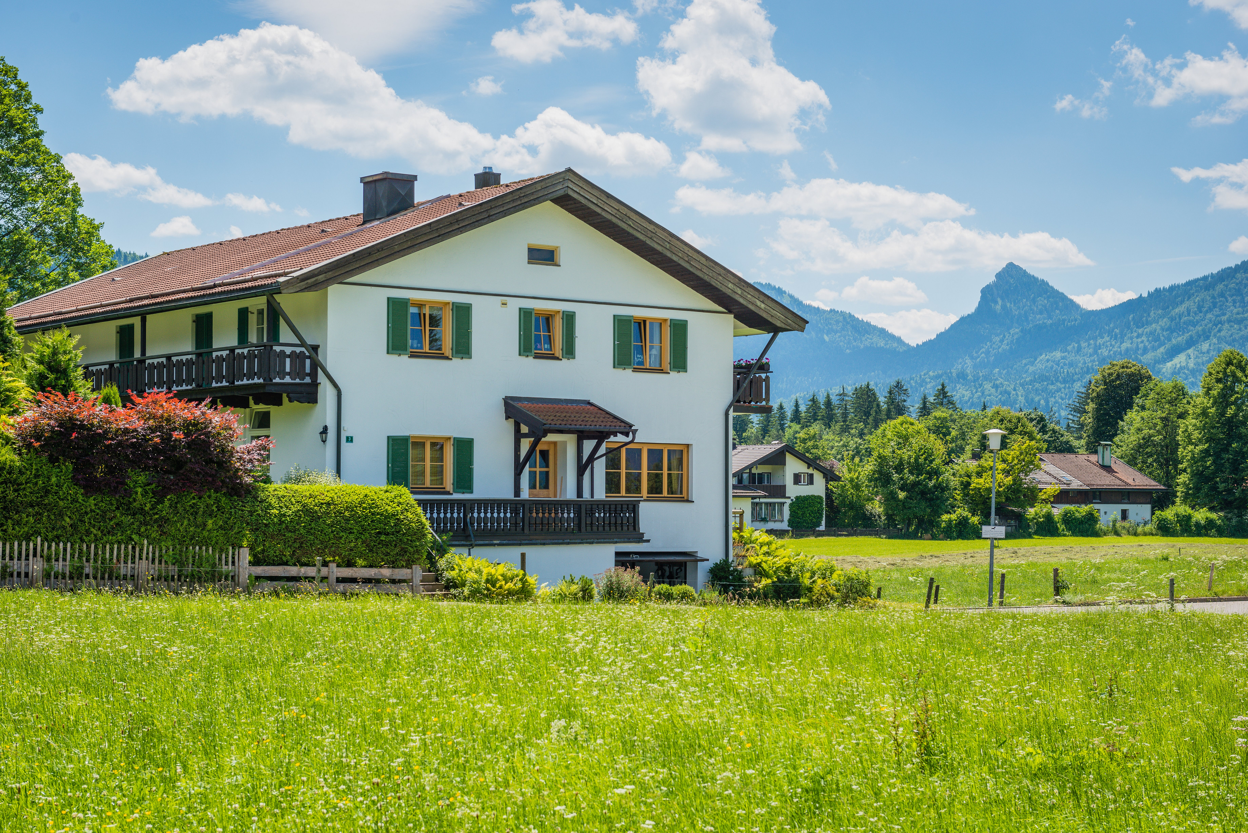 Traumhafter Bergblick über freie Wiesen in ländlicher Ruhelage
