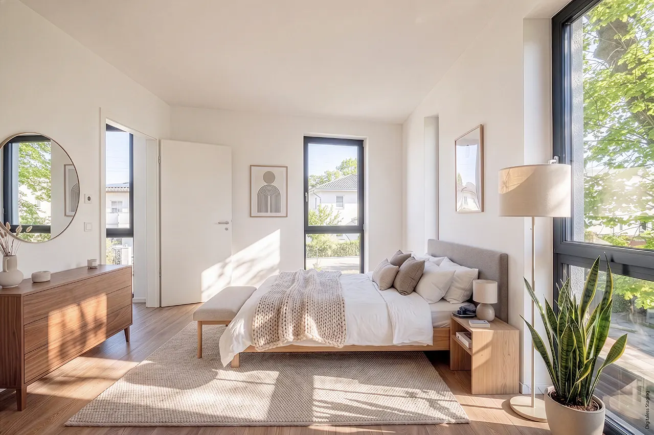 Bright bedroom with white walls, wood floors, and a large window. A bed with a gray headboard and white linens sits in the center of the room. A snake plant is next to the window.