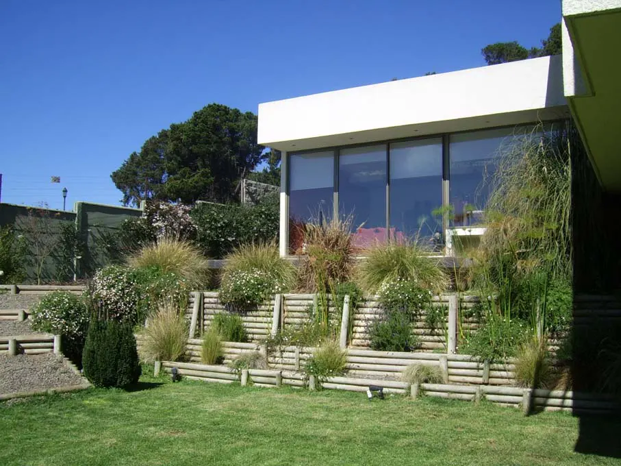 Modern home with a tiered garden. The white building has large windows. The garden has wood retaining walls and green grass.