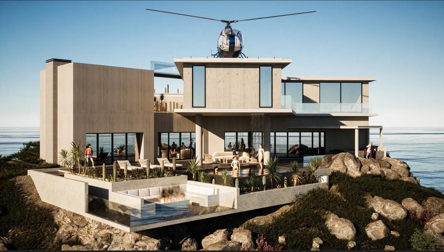 Modern beige house on a cliff overlooking the ocean, with a helicopter on the roof and people enjoying the pool.