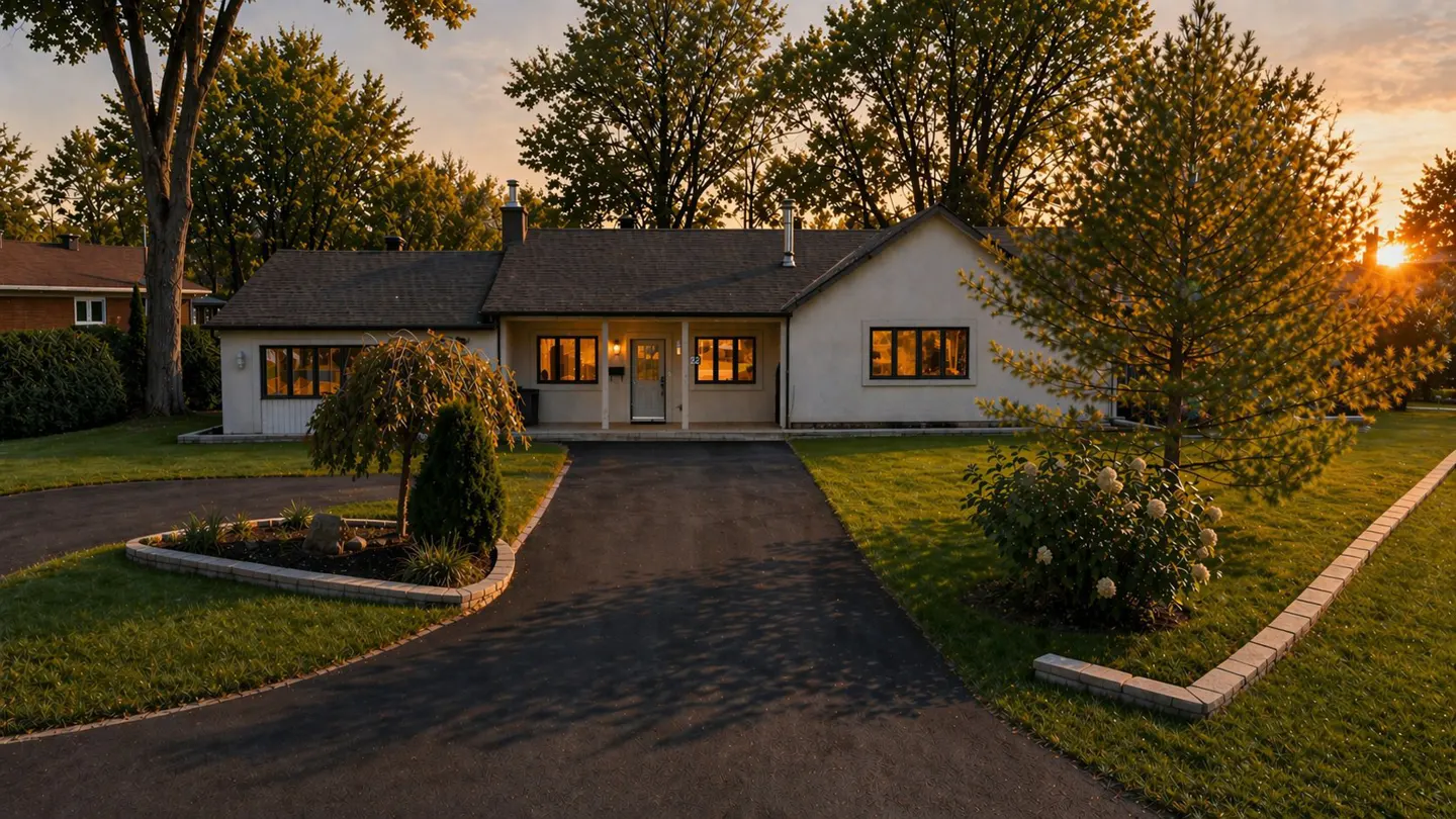 A white single-story house with a dark roof and driveway at sunset. Green lawn and trees surround the property.