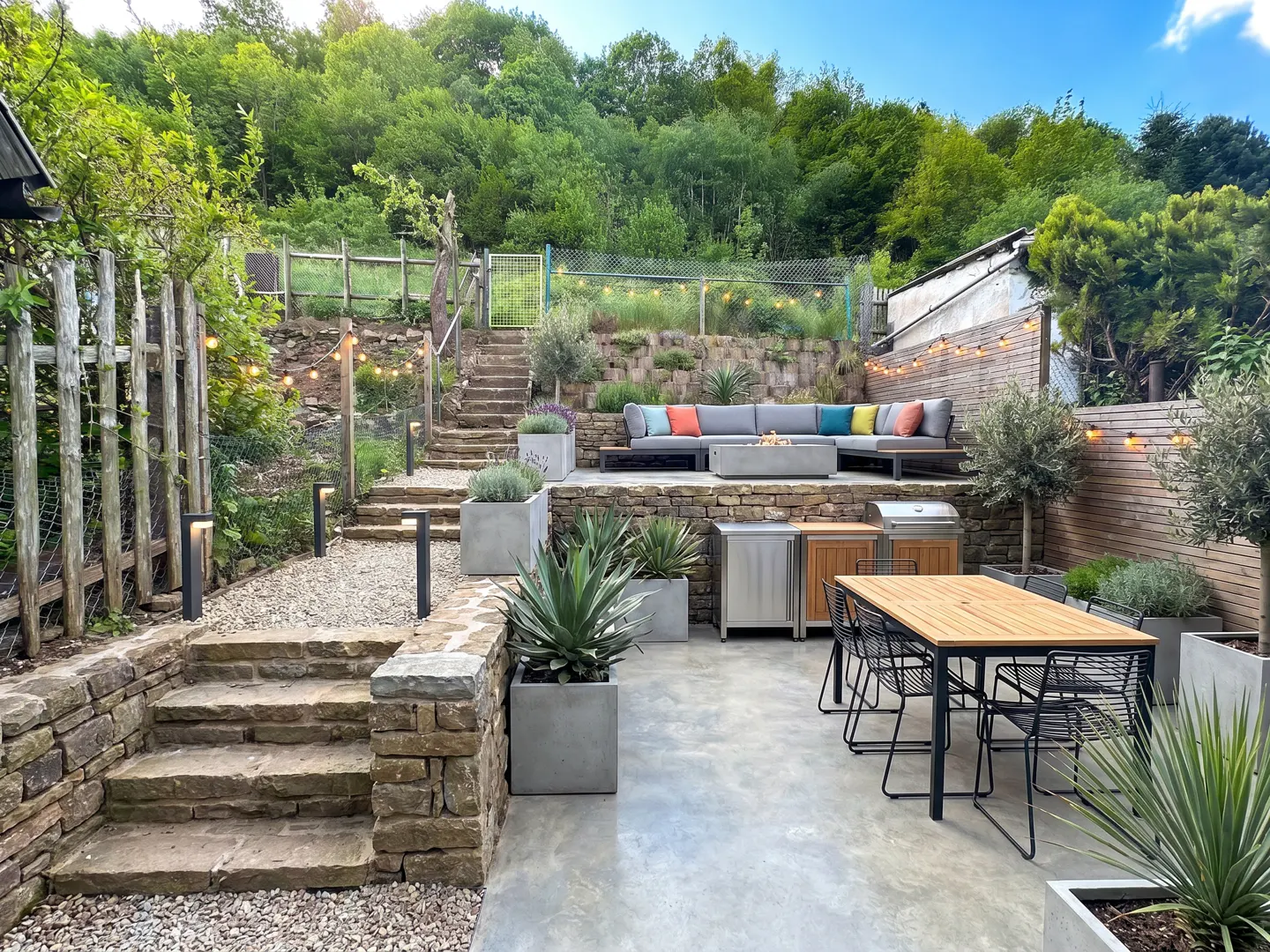 Multi-level backyard with stone steps, patio, outdoor kitchen, dining table, and gray sofa with colorful pillows. String lights overhead.
