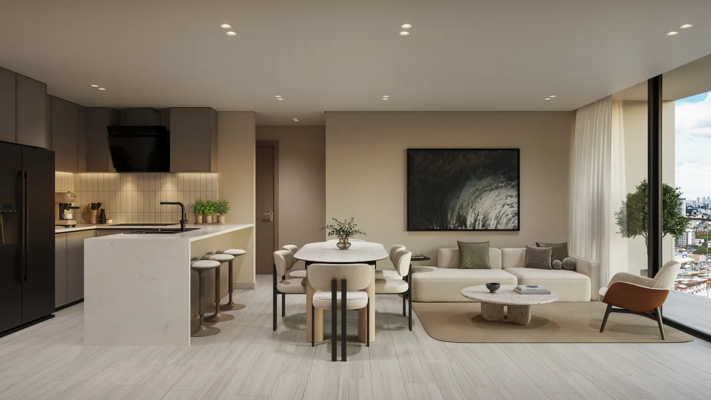 Open-concept apartment with kitchen island, dining table, and living area. Neutral tones, modern design, and city view.