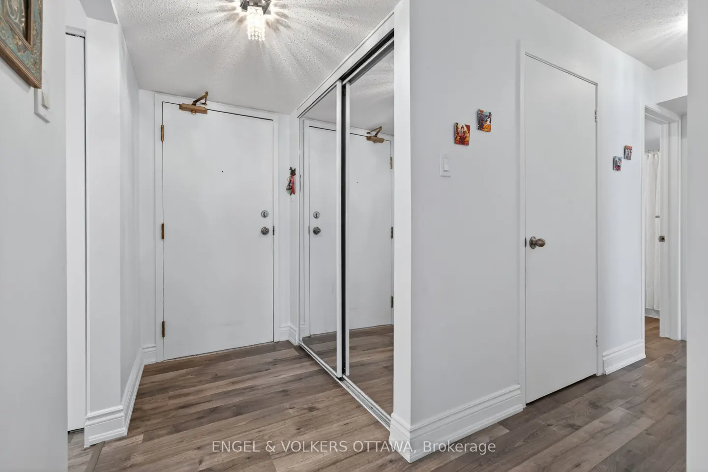 Hallway with white walls, wood floors, and a mirrored closet. A white door is on the left and right.