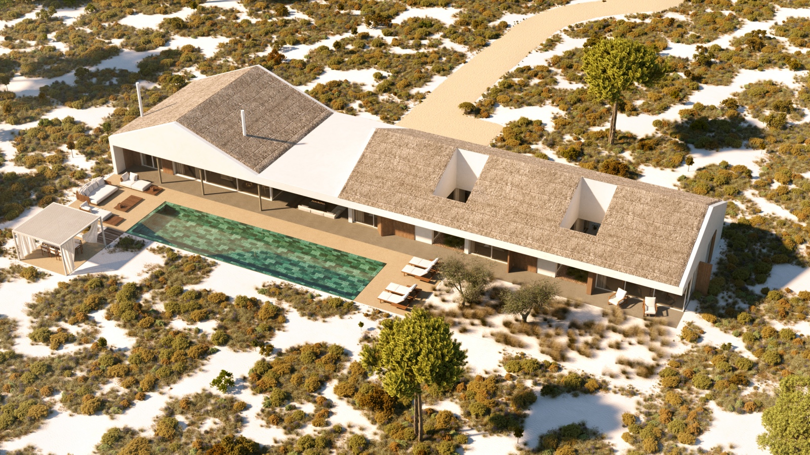 Aerial view of a modern white house with a thatched roof, a green pool, and lounge chairs, surrounded by trees and shrubs.
