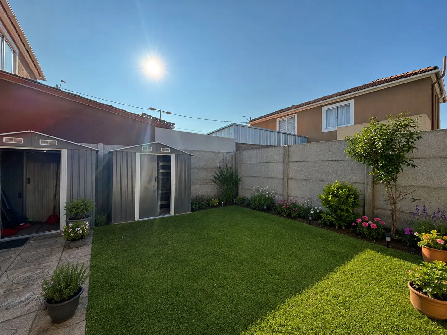 A sunny backyard with green grass, a concrete fence, and two gray metal sheds. Flowers line the fence, and potted plants are on the patio.