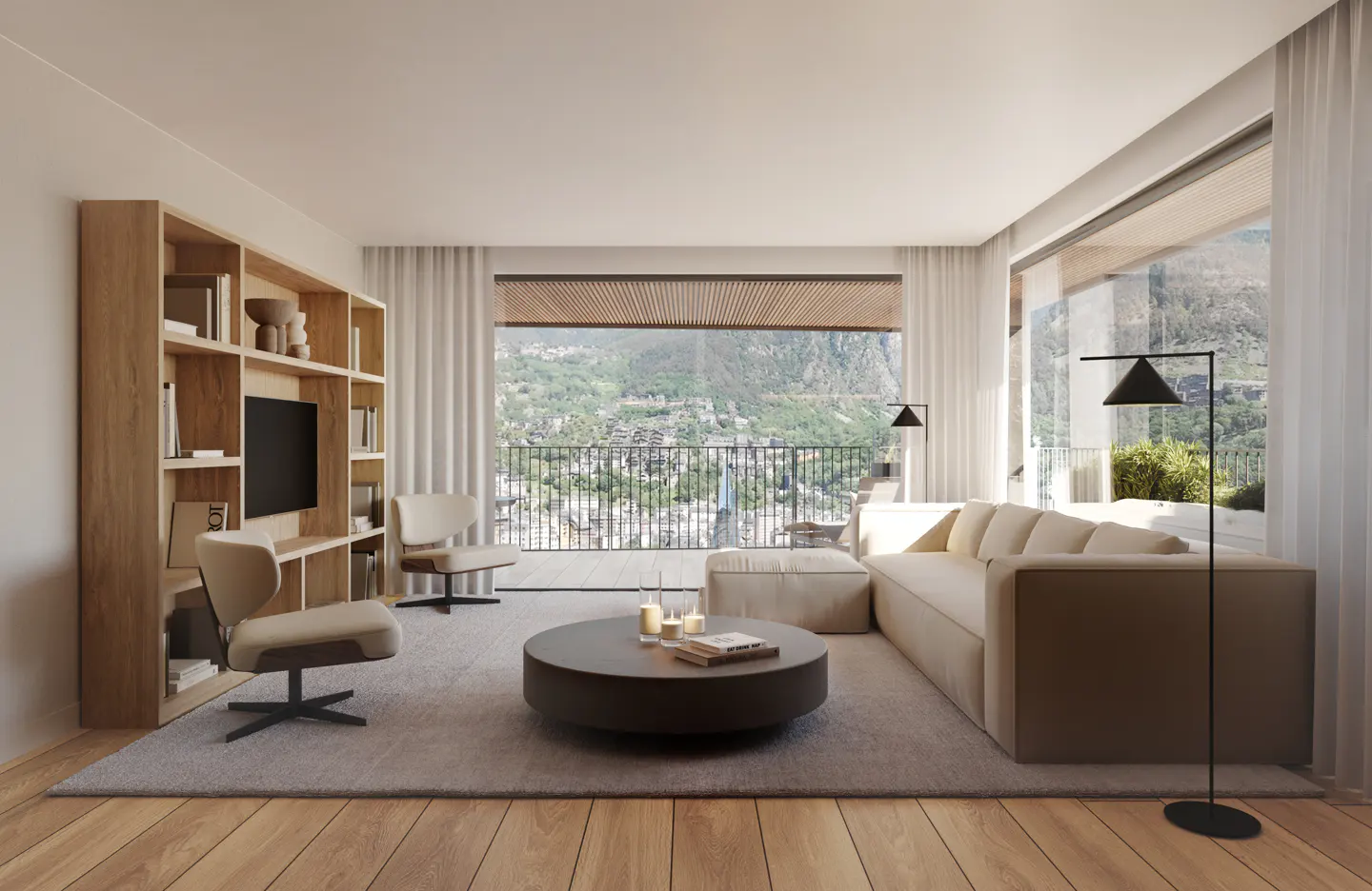 Bright living room with beige sofa, round coffee table, and wood bookshelf. Balcony overlooks a mountain view.