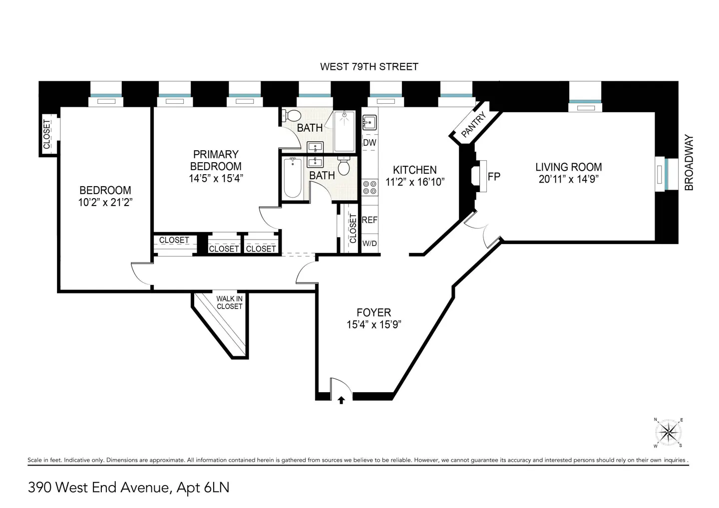Floor plan of a 2-bedroom apartment at 390 West End Avenue, Apt 6LN. Includes a foyer, kitchen, living room, and two bathrooms.