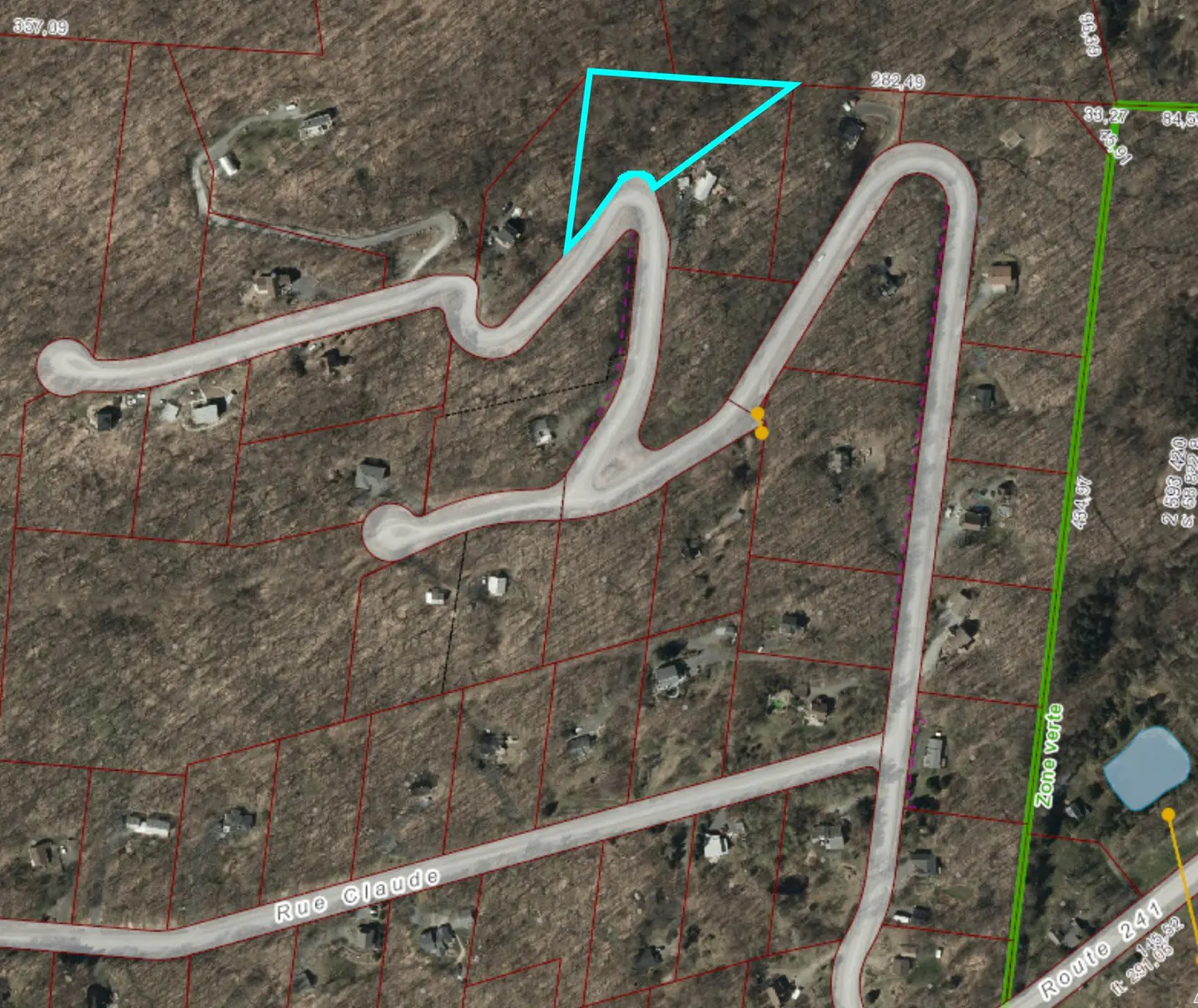 Aerial view of a real estate plot outlined in blue, with winding roads and scattered houses in a wooded area.