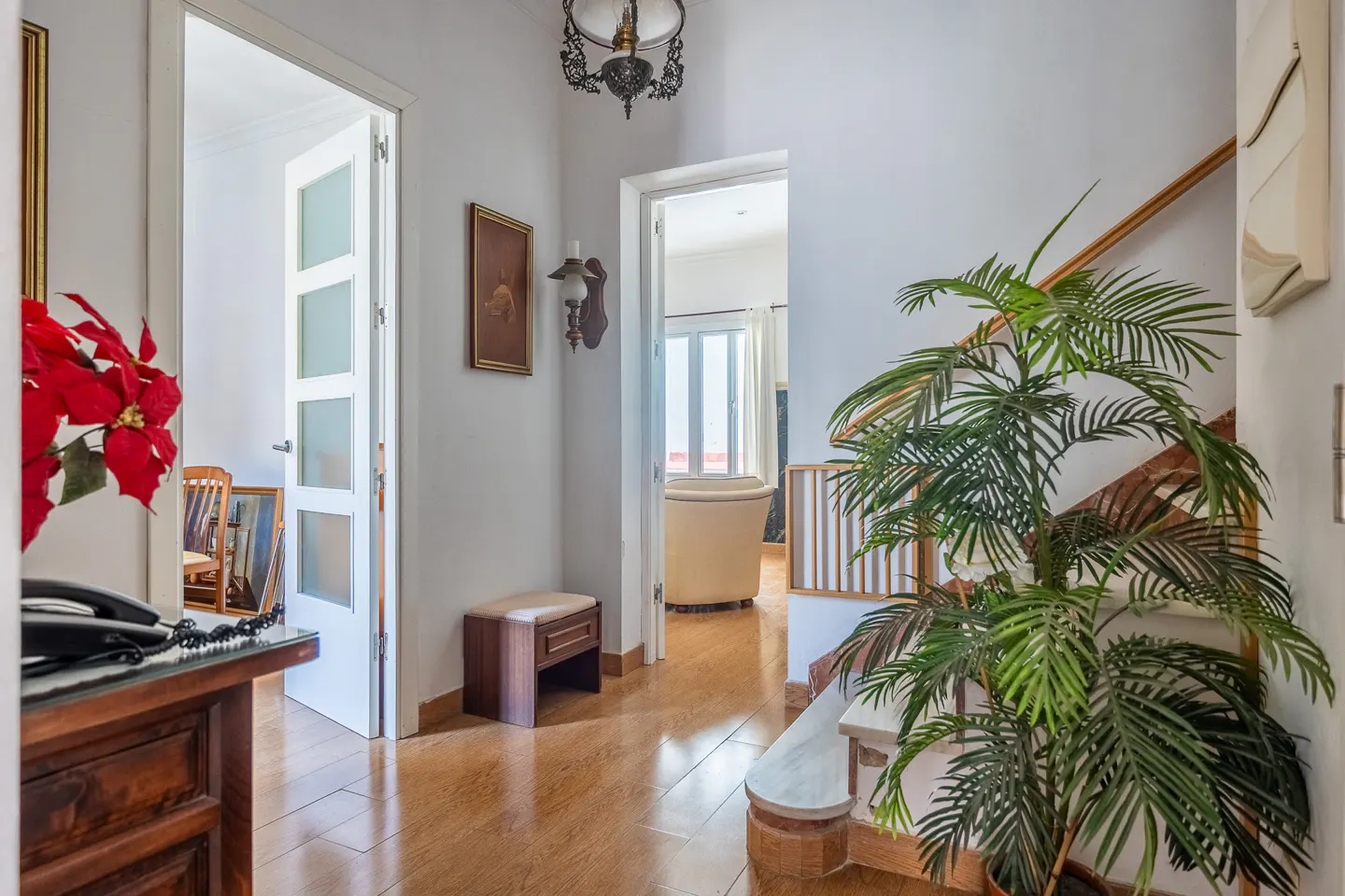 Bright hallway with wood floors, a large potted palm, a staircase, and doorways leading to a dining room and living area.