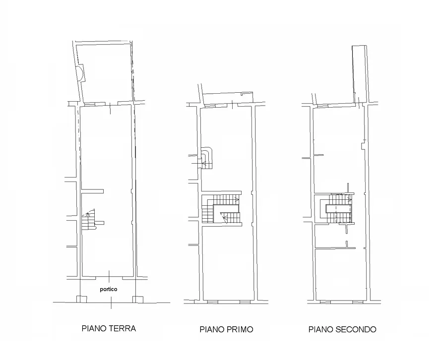 Architectural drawing showing floor plans for a building's ground, first, and second floors.