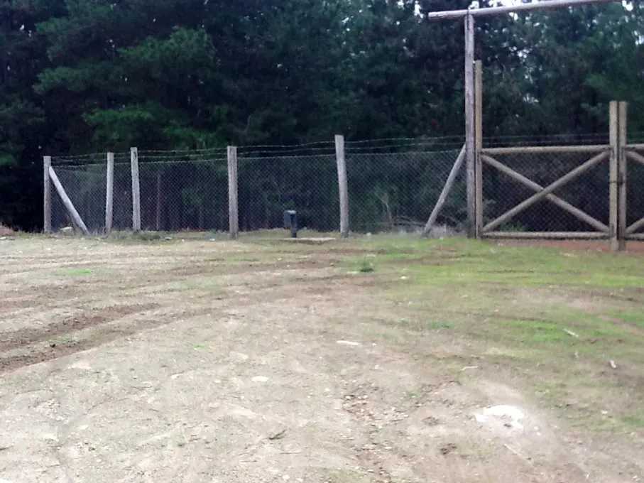 A fenced property with a wooden gate and a dirt yard. Trees are visible in the background.