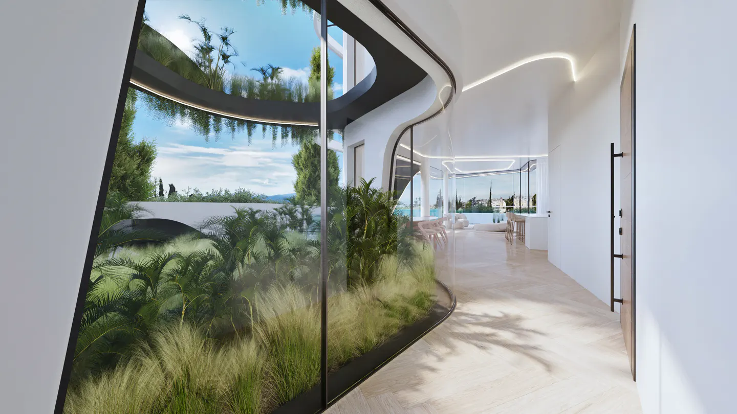 Modern hallway with curved glass wall overlooking lush greenery. White walls, herringbone floors, and natural light create a serene atmosphere.