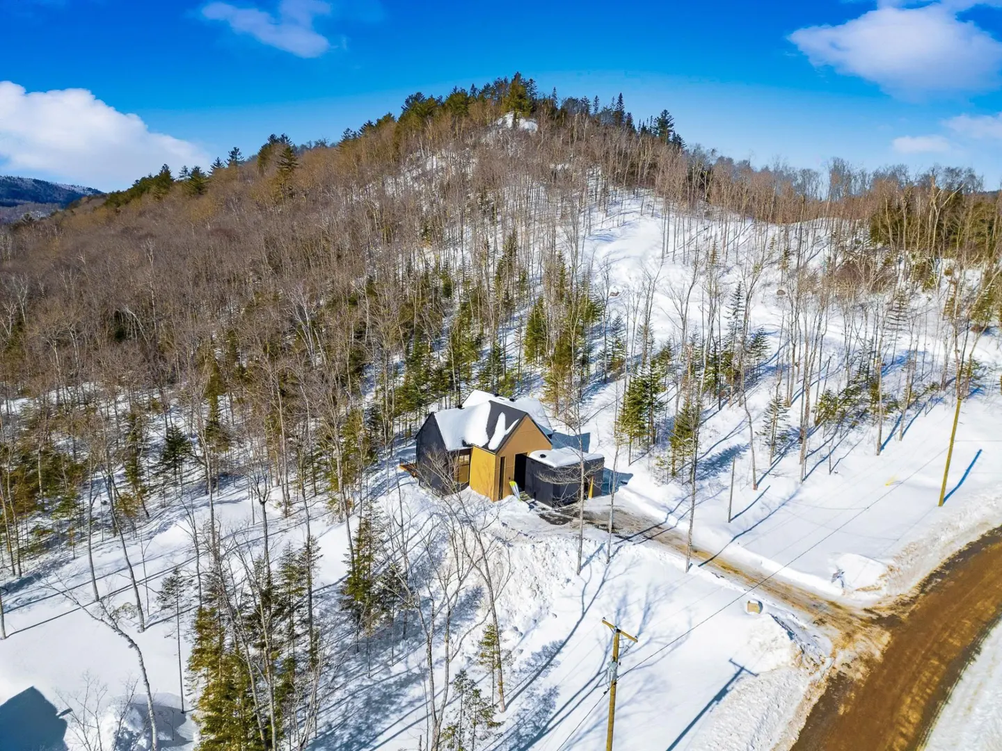 Aerial view of a modern dark brown house with snow on the roof, surrounded by a snowy forest and a blue sky.
