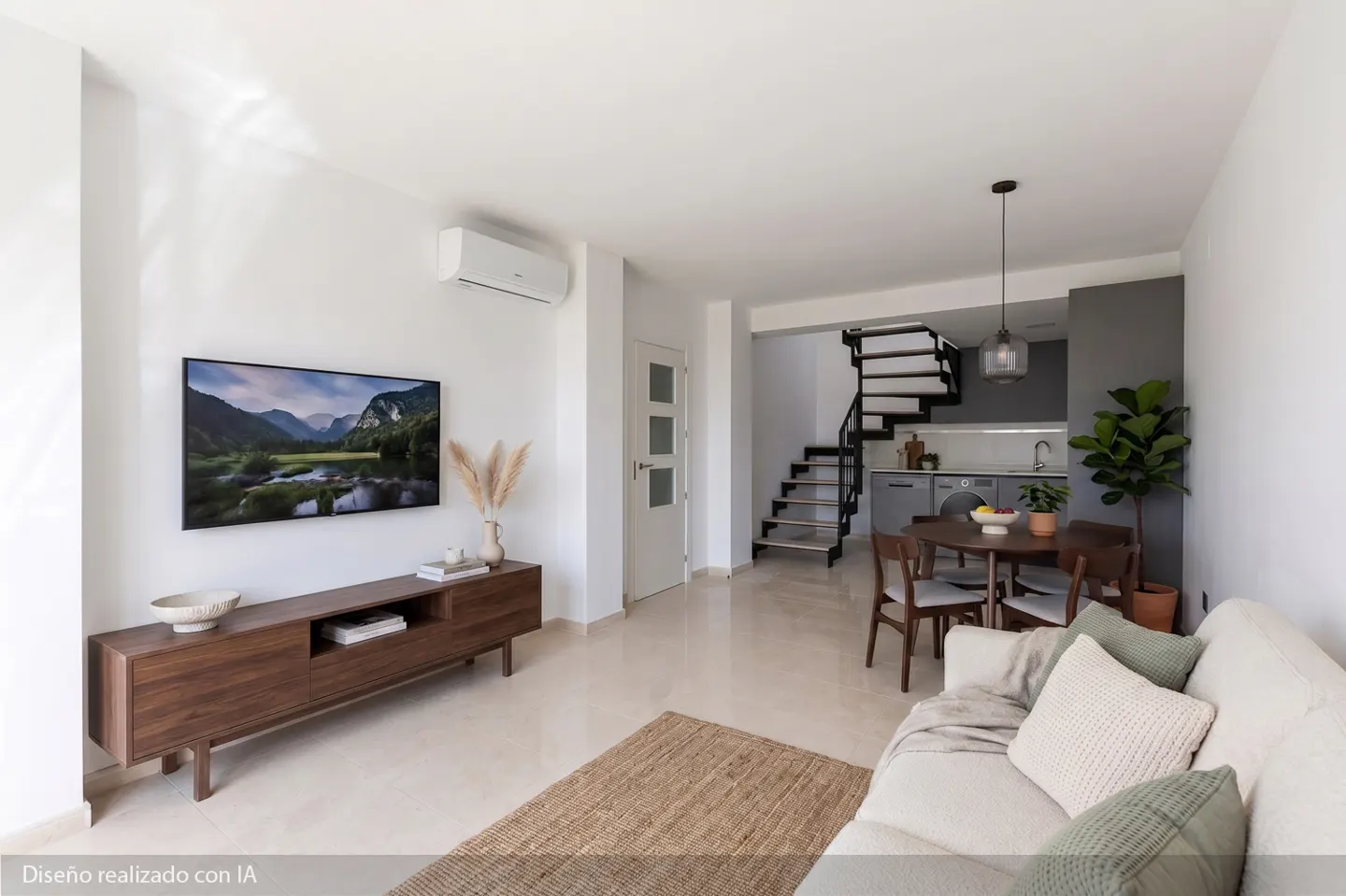 Bright living space with white walls, a brown TV stand, a white sofa, and a black spiral staircase leading to the kitchen.