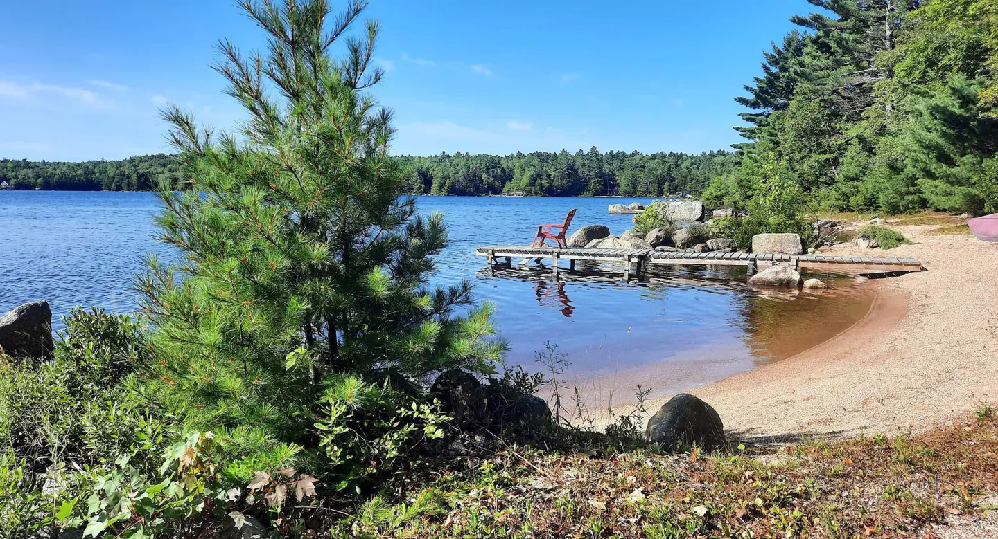 Scenic lake view with a wooden dock, red chair, sandy beach, and lush green trees under a clear blue sky.