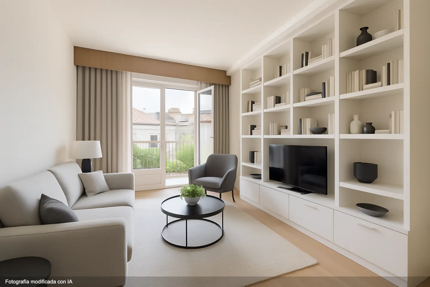 Bright living room with a gray sofa, chair, and a black coffee table. A white bookshelf with a TV stands against the wall. Balcony doors open to a view of a building.