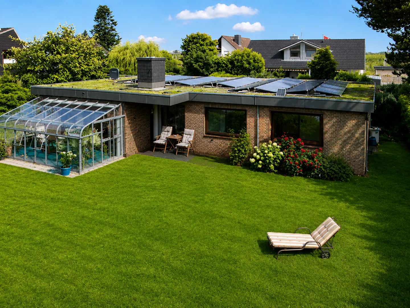 Brick house with a green roof, solar panels, glass conservatory, and a large lawn with a lounge chair on a sunny day.