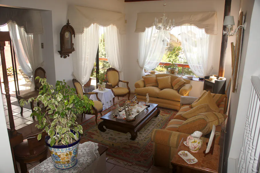 A bright living room with yellow sofas, chairs, and white curtains. A dark wood coffee table sits on a patterned rug. A plant is in the foreground.