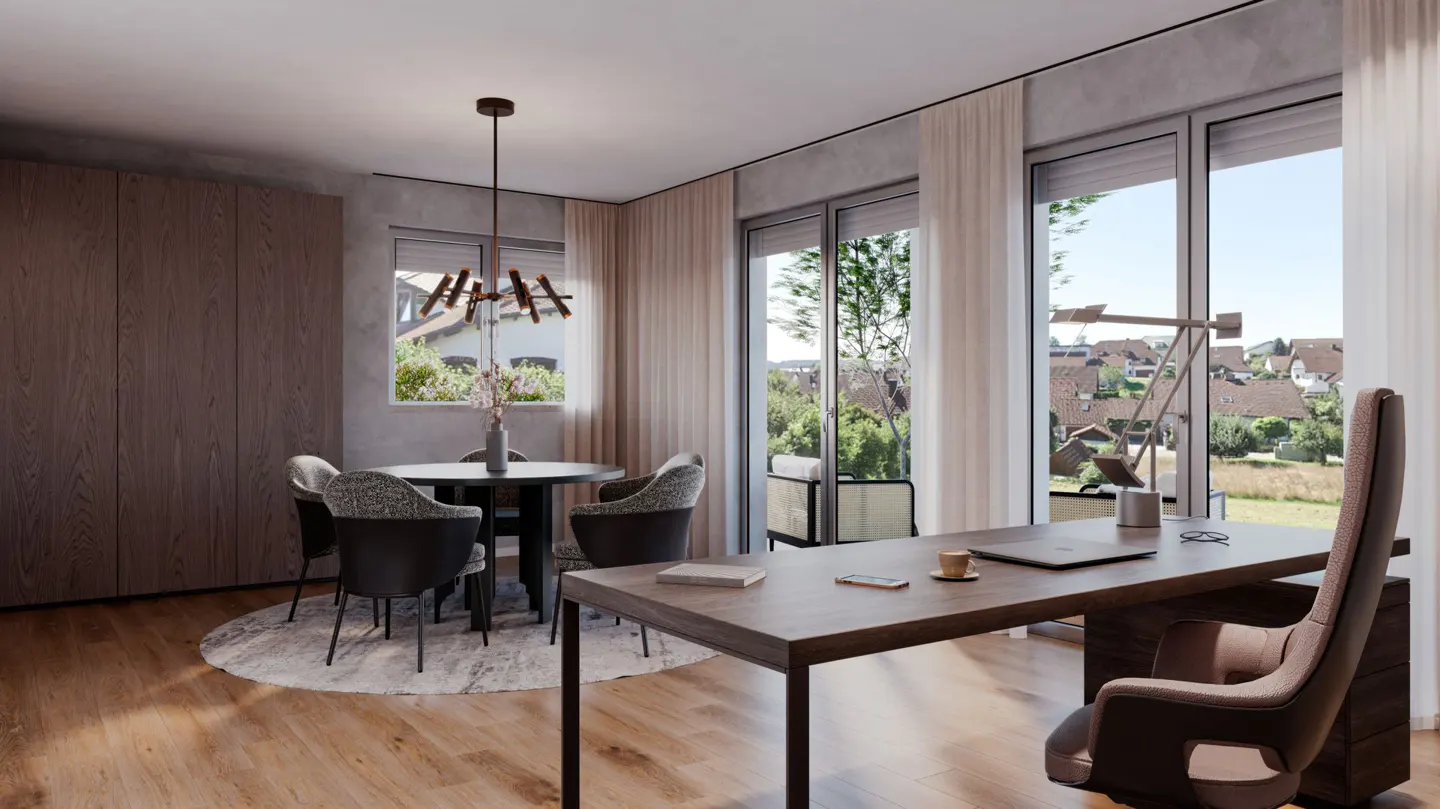 Modern home office with a wooden desk, ergonomic chair, and a round dining table set near large windows with a garden view.