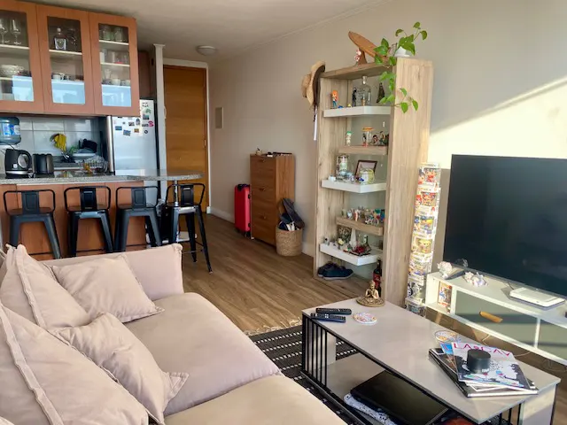 A cozy apartment interior with a beige sofa, black bar stools at the kitchen counter, and a light wood bookshelf.