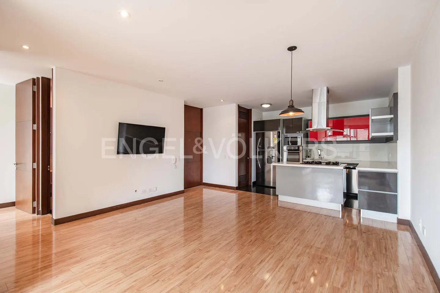 Open-concept living space with wood floors, a TV, and a modern kitchen with gray cabinets and stainless steel appliances.