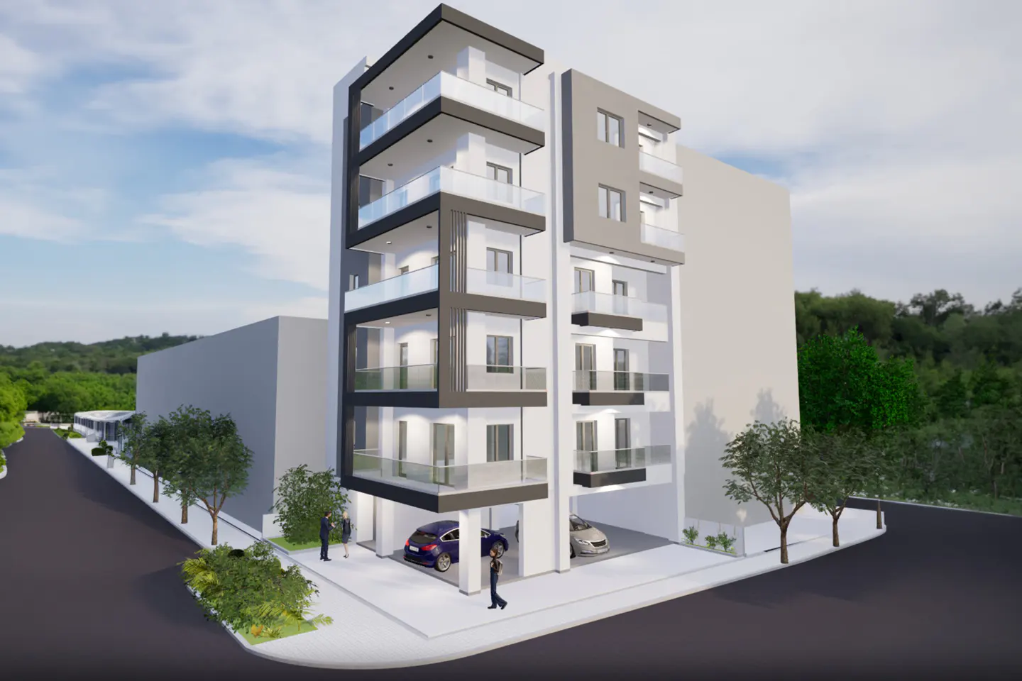 A modern multi-story apartment building with white and dark gray exterior, glass balconies, and covered ground-level parking.
