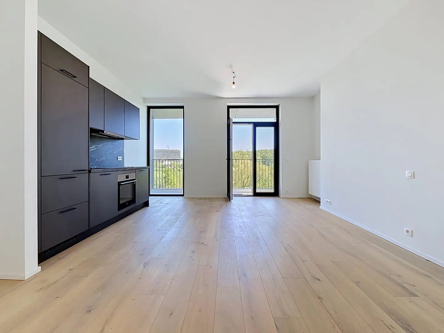Bright, modern apartment with wood floors, white walls, and black kitchen cabinets. Balconies offer outdoor views.