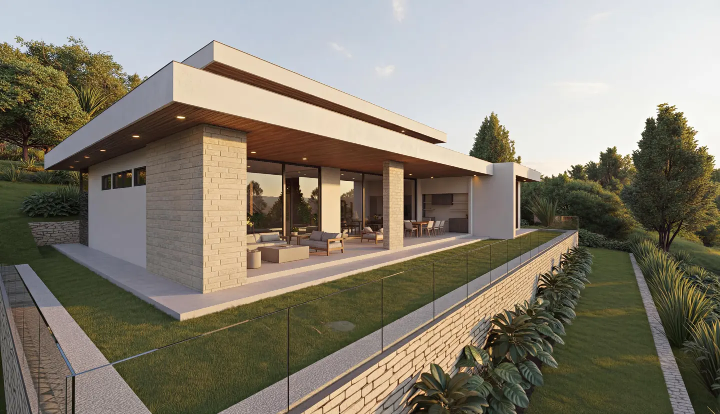 Modern home exterior with stone accents, large windows, and outdoor patio furniture overlooking a green lawn and trees.
