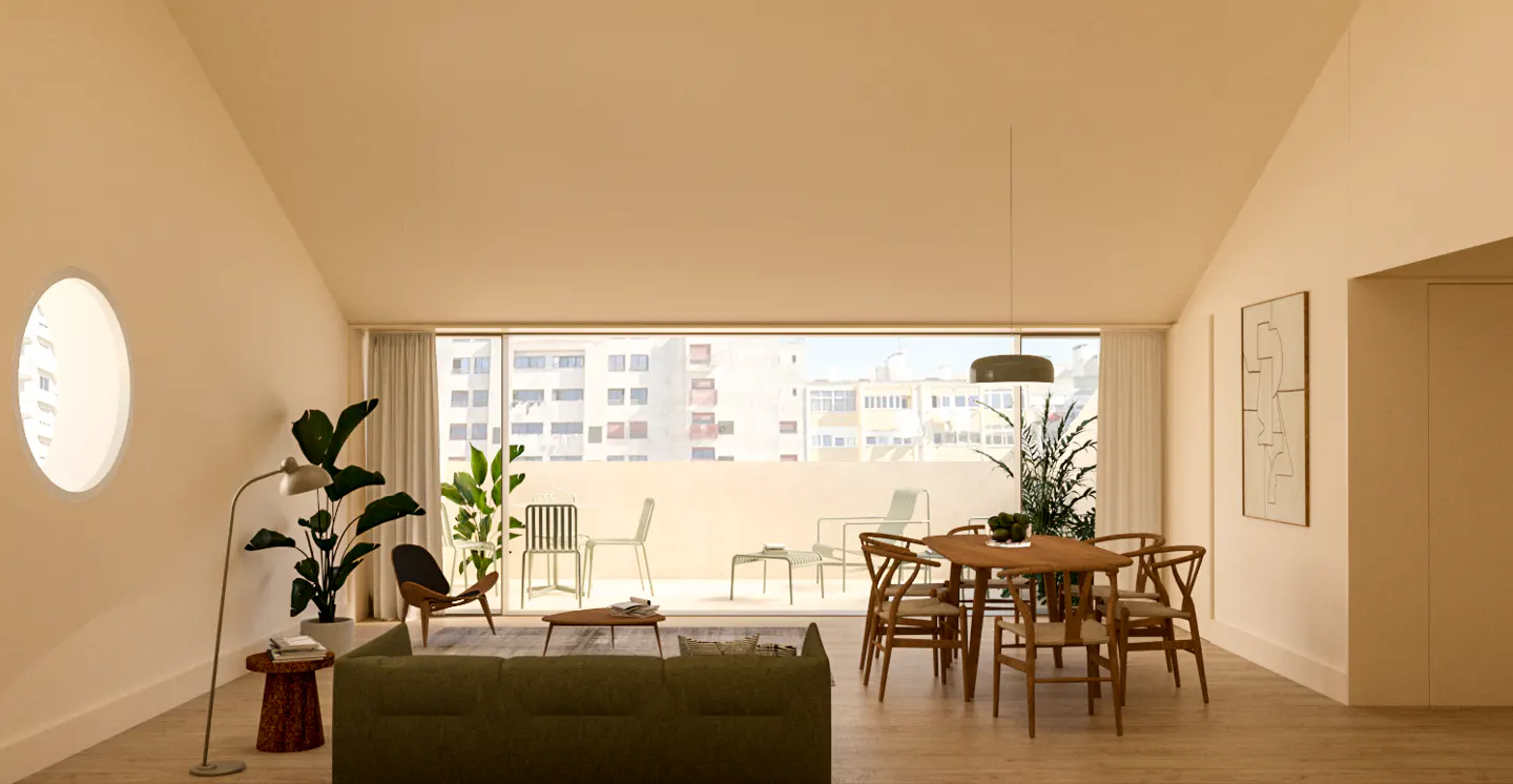 Bright, open living space with a green sofa, wood dining set, and balcony with city views. A round window adds unique architectural detail.