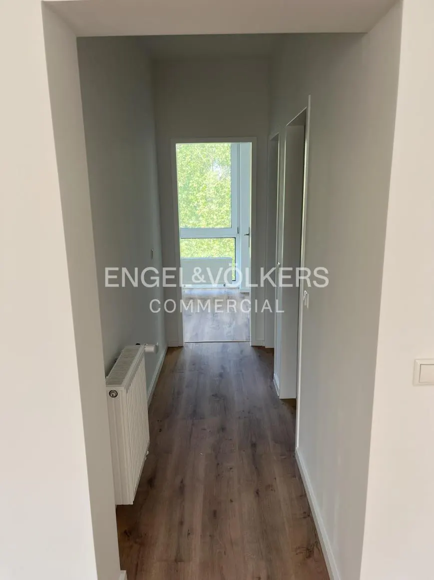 Hallway with wood floors, white walls, and a radiator. A window at the end of the hall shows green trees.