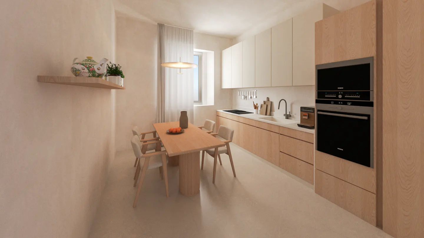A bright kitchen with light wood cabinets, a dining table with four chairs, and a shelf with a teapot.