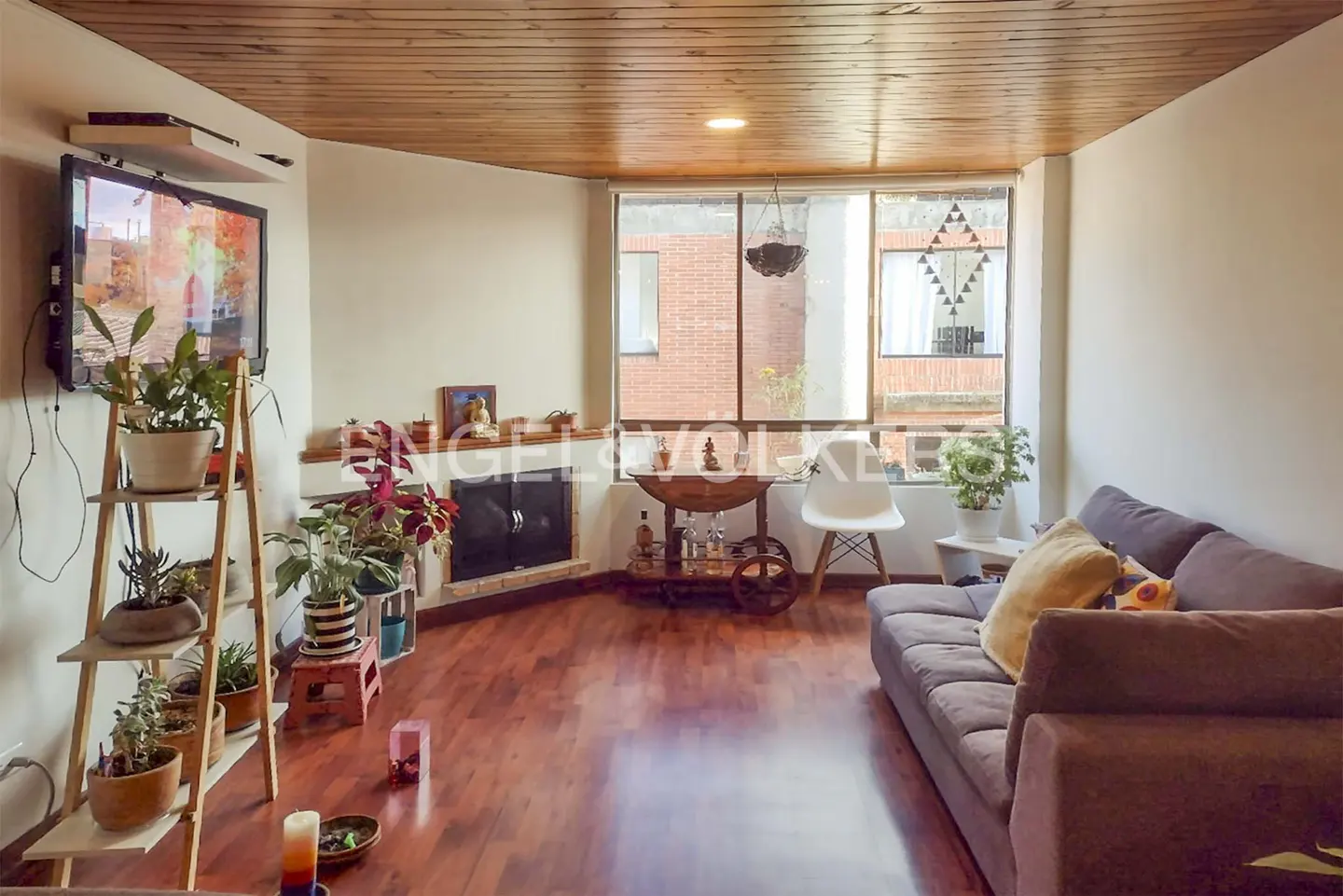 Living room with wood floors, a brown sofa, and a brick fireplace. A TV is mounted on the wall, and plants are placed throughout the room.