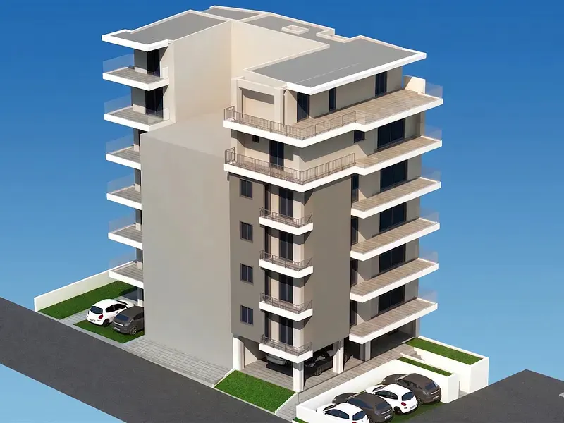 3D architectural rendering of a modern multi-story apartment building with balconies, parking, and cars on a blue background.