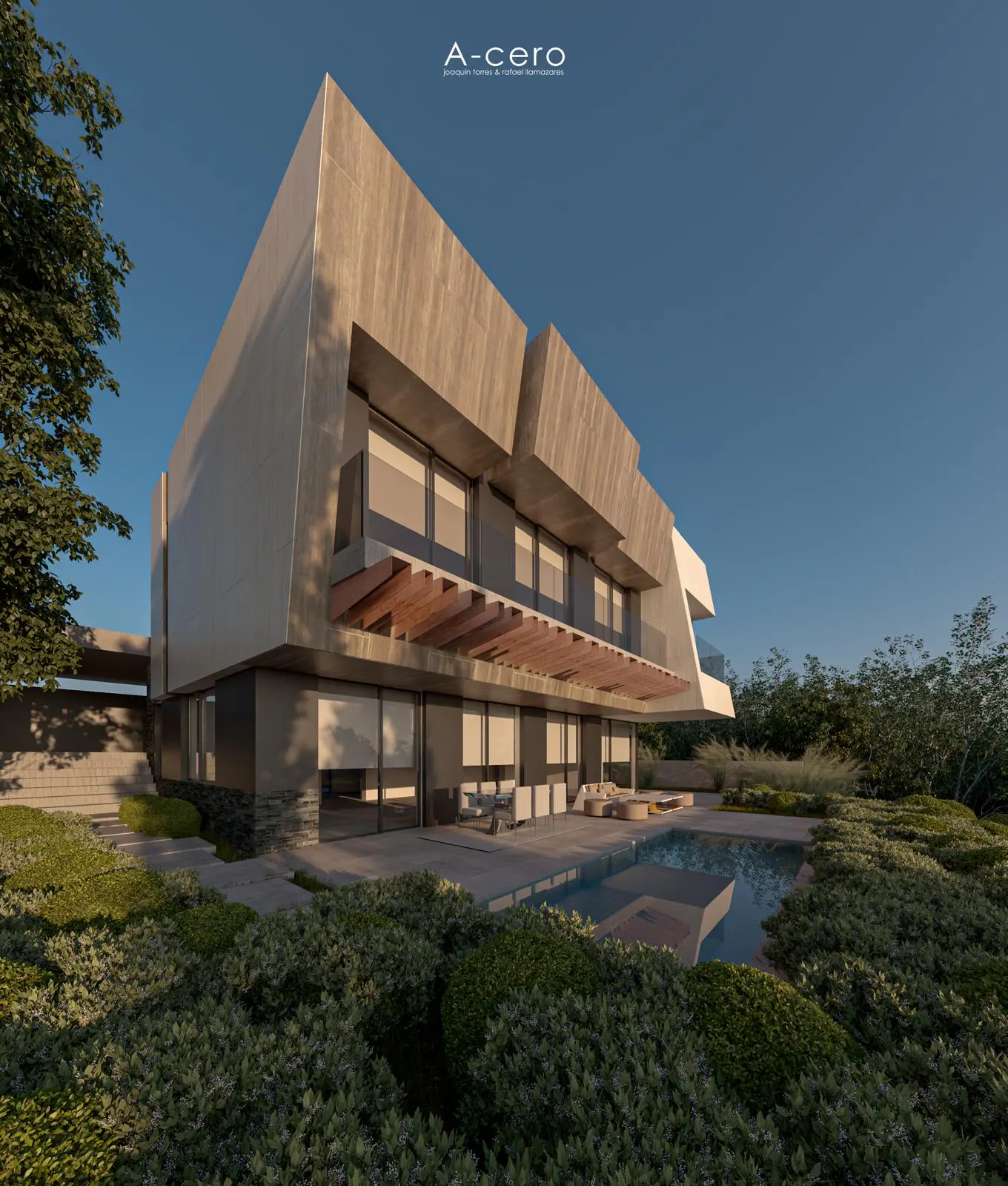 Modern two-story house with a pool. The exterior is gray concrete with large windows and a wooden pergola. Lush green landscaping surrounds the property.