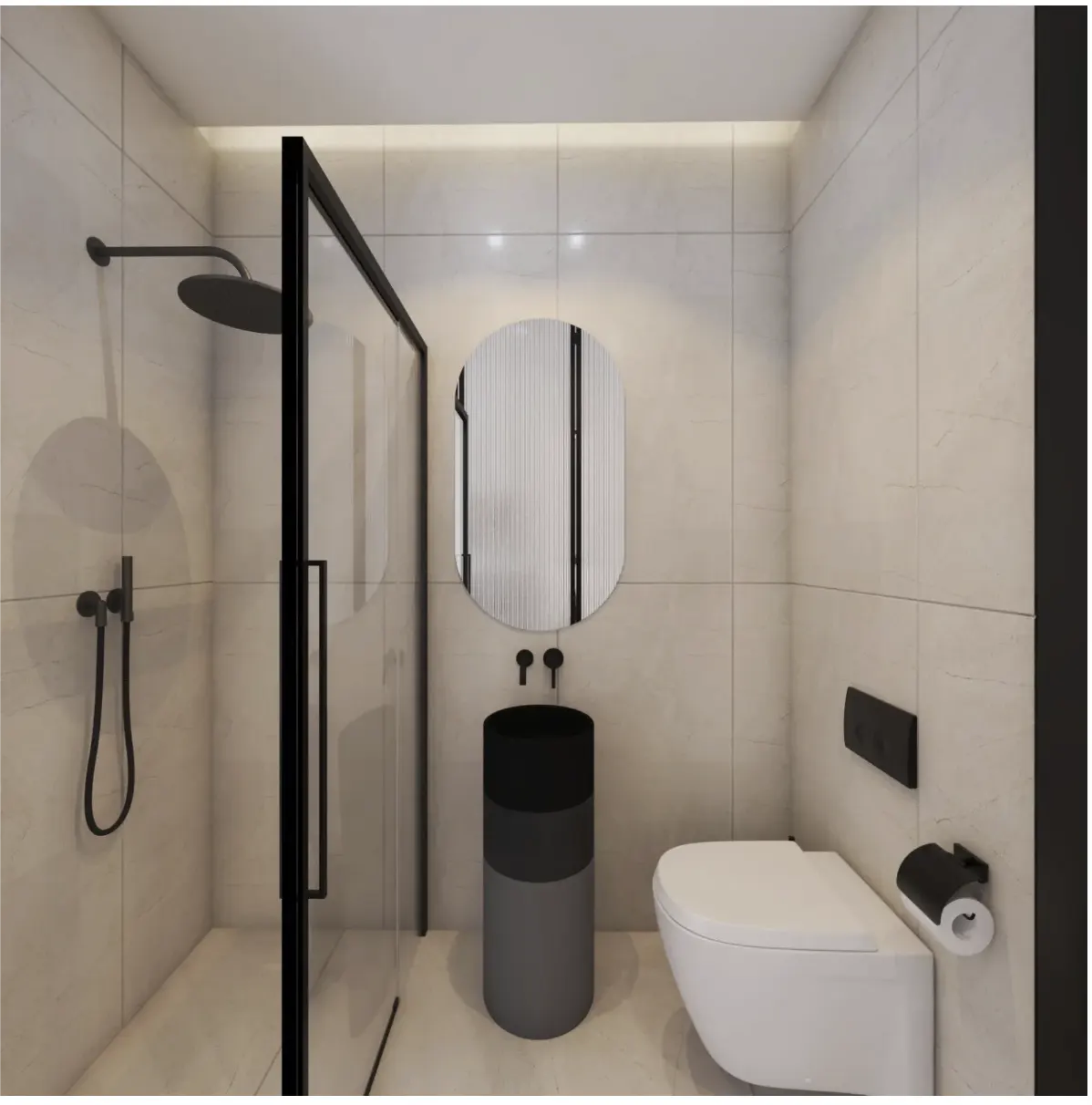 Modern bathroom with white tile walls, black fixtures, and a glass shower. A round mirror hangs above a black and gray pedestal sink. A white toilet sits to the right.