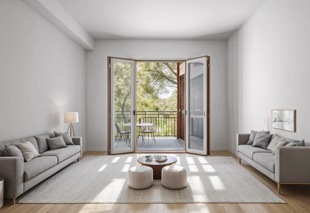Bright living room with two grey sofas, a round coffee table, two ottomans, and open French doors leading to a balcony.