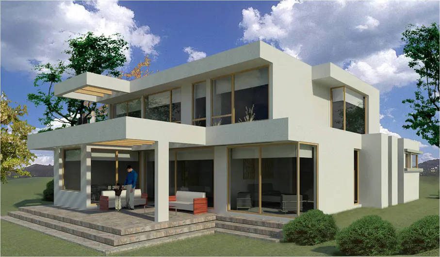 Modern two-story white house with large windows and a patio with furniture. Green lawn and trees surround the house.