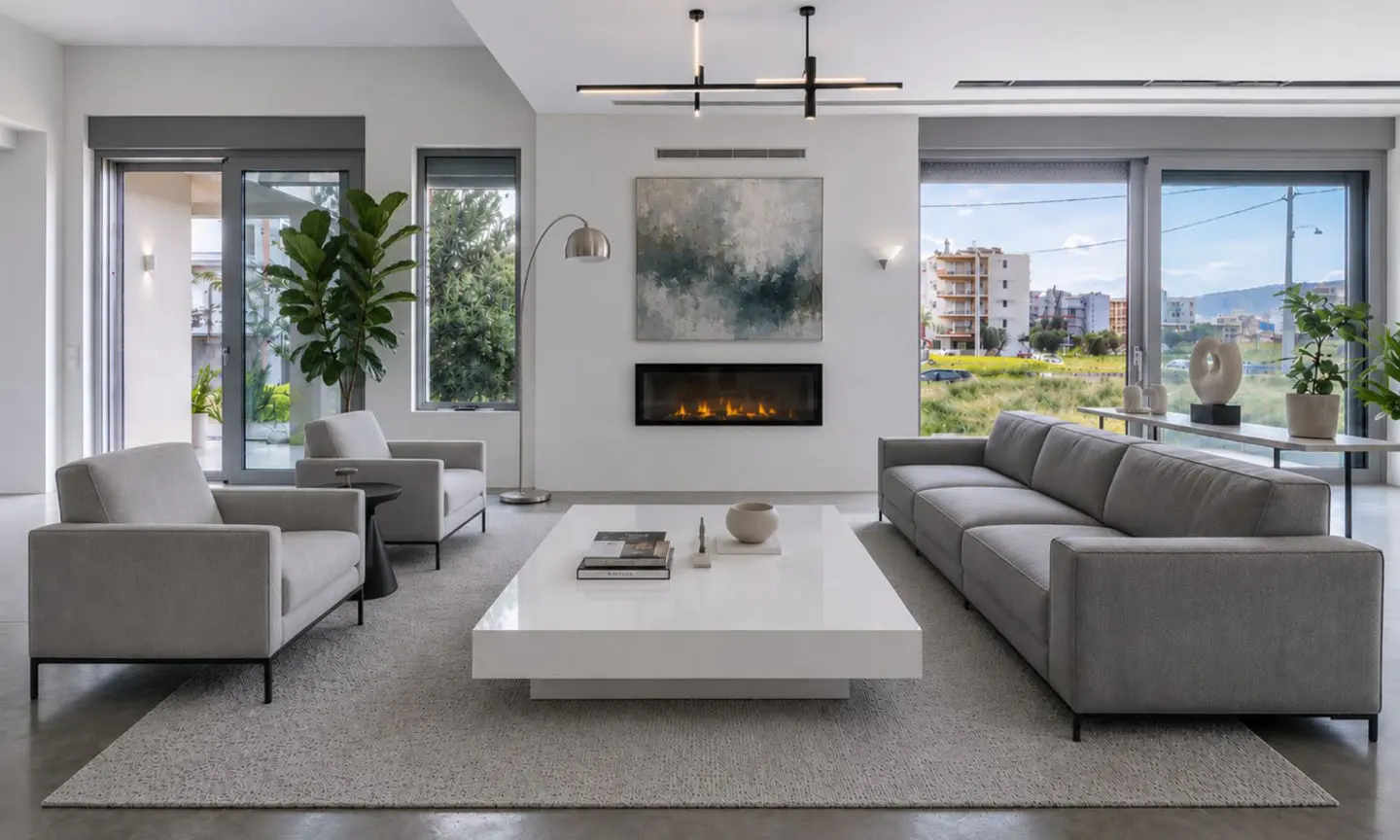 Modern living room with gray sofa and armchairs, white coffee table, fireplace, abstract art, and large windows.