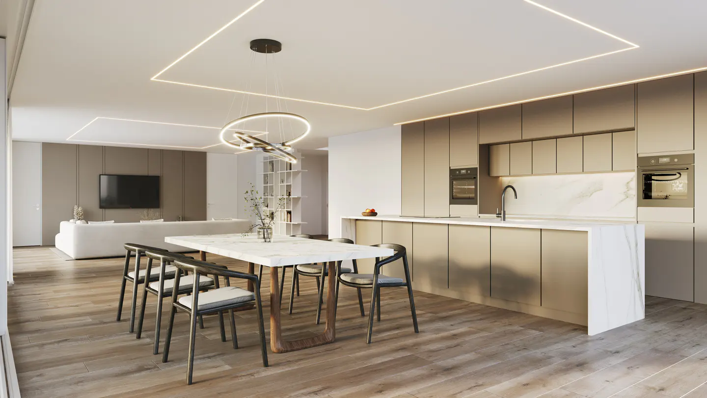 Modern open-plan kitchen and dining area with a marble table, dark chairs, and beige cabinetry on wood flooring.