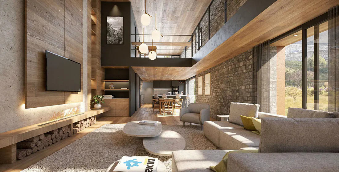 Living room with stone wall, wood accents, and large windows. A gray sofa and chairs sit on a beige rug. A modern light fixture hangs from the wood ceiling.