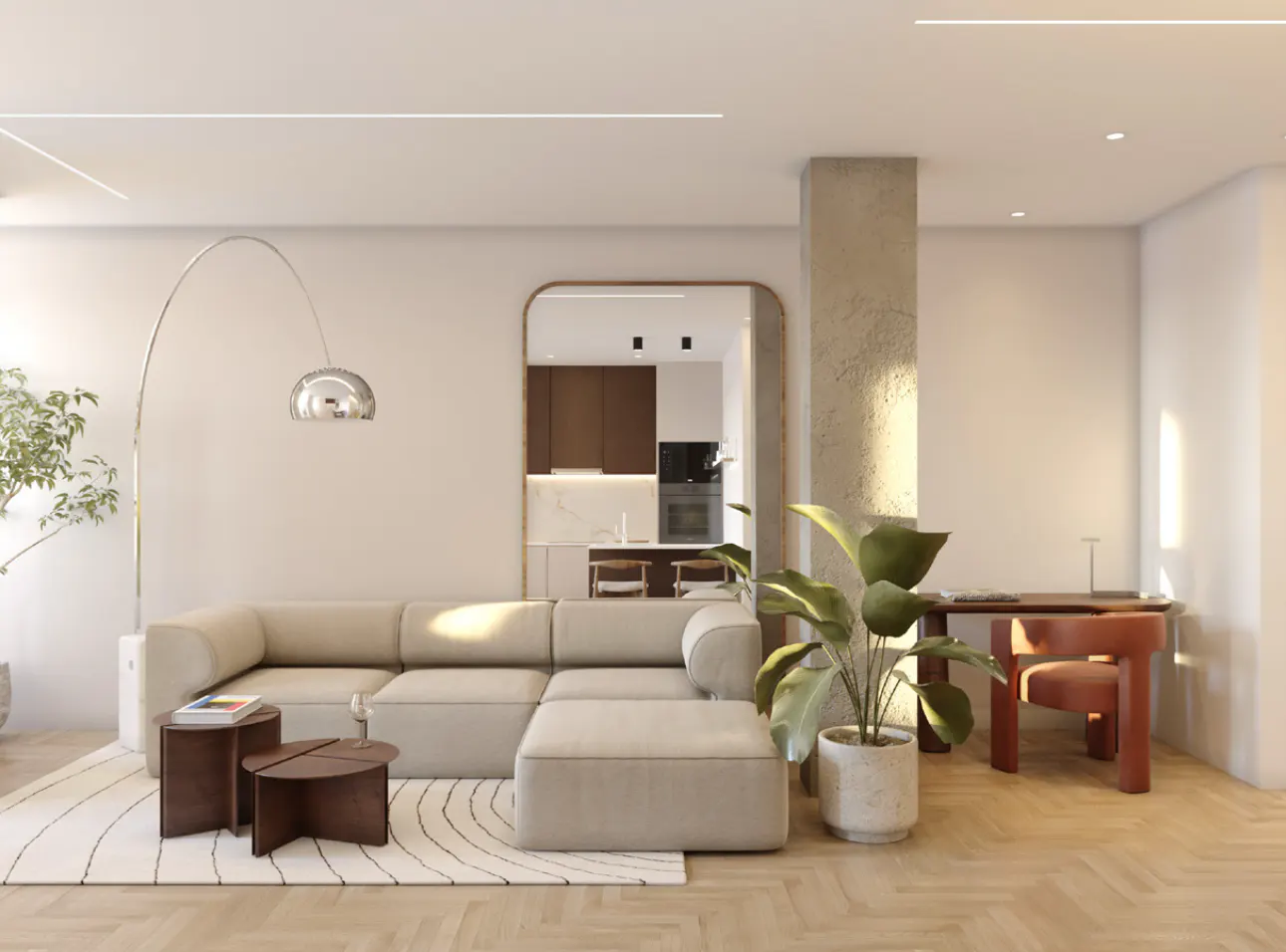 Modern living room with beige sectional sofa, arched floor lamp, wooden coffee tables, and a view into a dark wood kitchen.