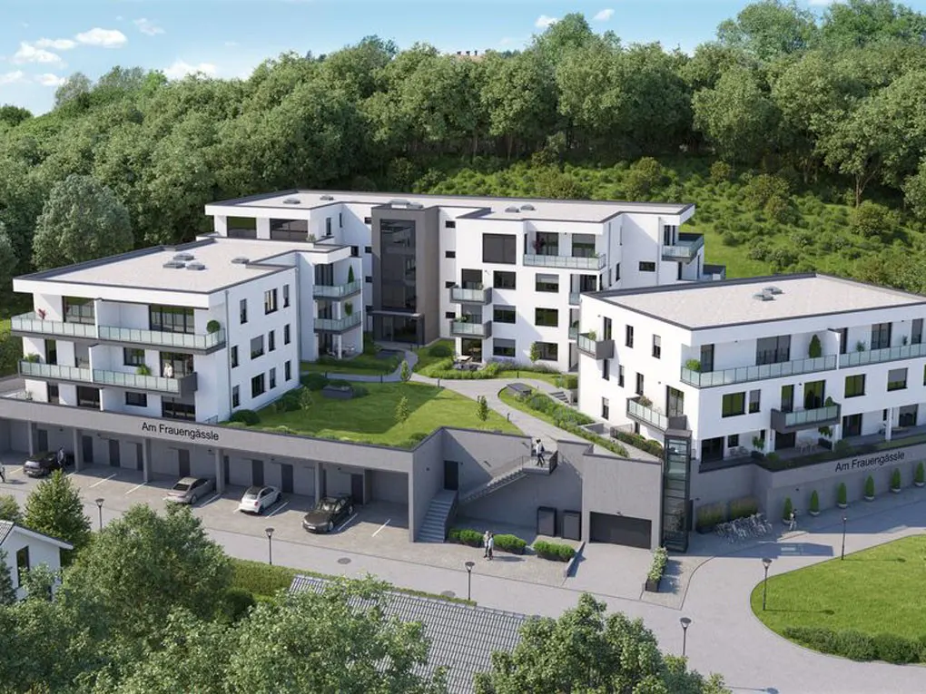 Modern white apartment complex with balconies, green lawn, and parking garage. Trees in background. "Am Frauengässle" sign visible.