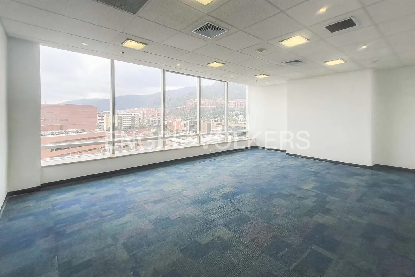Empty office space with blue carpet, white walls, and large windows overlooking a city and mountains.